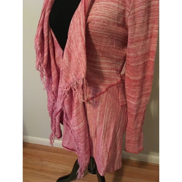 Free People Red & White Heathered Cardigan W/Fringe Trim, Size Small - Picture 3 of 6